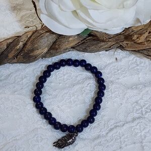 Navy Blue Beaded Bracelet with Silver Toned Leaf Charm with Rhinestones